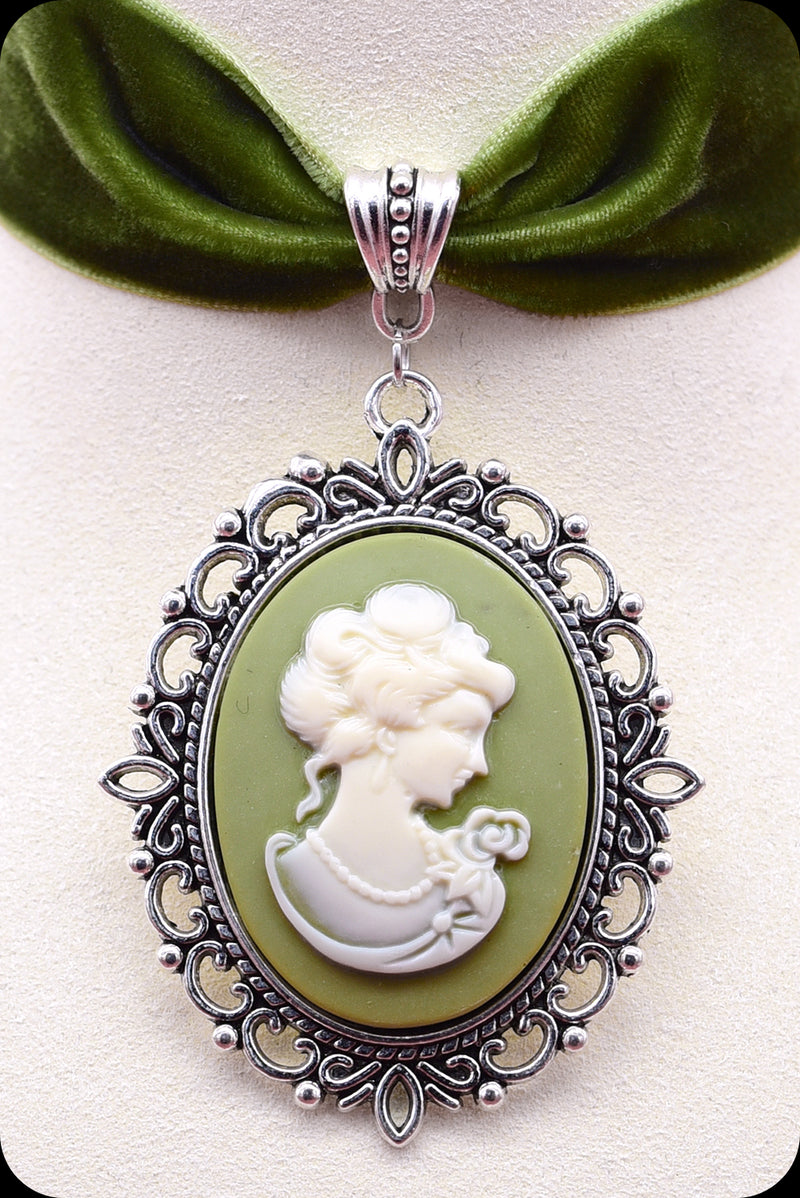 A moss green velvet antique silver cameo choker necklace by Scorpio Rising