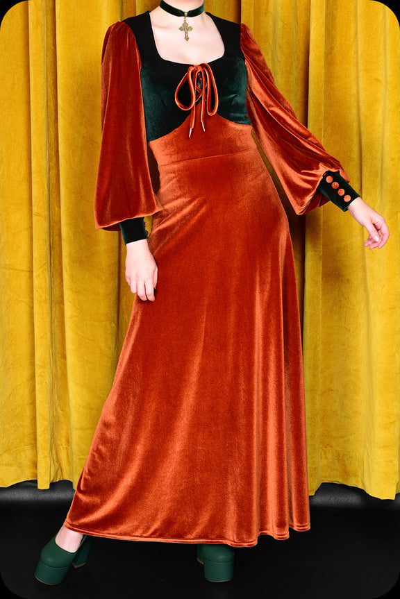 A copper and emerald two tone velvet Carmilla maxi dress by Scorpio Rising