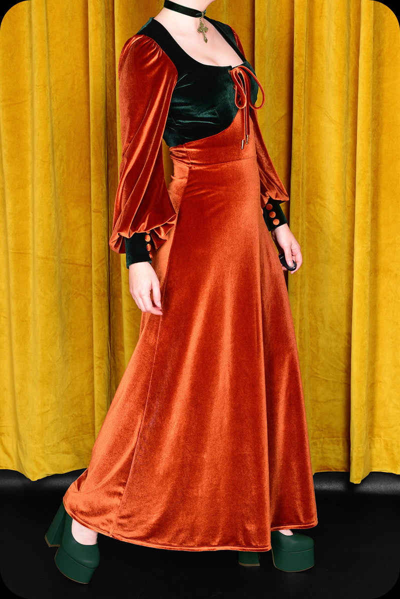 A copper and emerald two tone velvet Carmilla maxi dress by Scorpio Rising