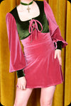 A rose pink and moss green two tone velvet Carmilla mini dress by Scorpio Rising 