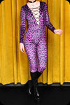 A purple leopard print velvet lace up Sabbath skinny leg jumpsuit by Scorpio Rising
