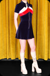 A midnight blue velvet stripe Rollergirl mini dress by Scorpio Rising
