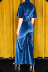 A peacock blue velvet Morgiana jumpsuit by Scorpio Rising