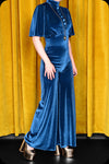 A peacock blue velvet Morgiana jumpsuit by Scorpio Rising