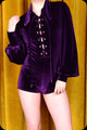 An amethyst velvet Juniper playsuit by Scorpio Rising