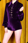 An amethyst velvet Juniper playsuit by Scorpio Rising