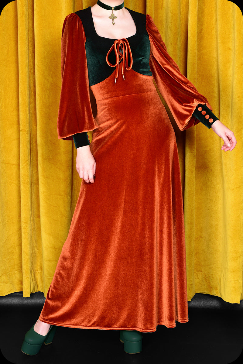 A copper and emerald two tone velvet Carmilla maxi dress by Scorpio Rising