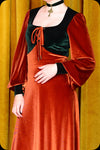 A copper and emerald two tone velvet Carmilla maxi dress by Scorpio Rising