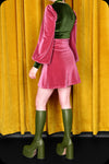 A rose pink and moss green two tone velvet Carmilla mini dress by Scorpio Rising 