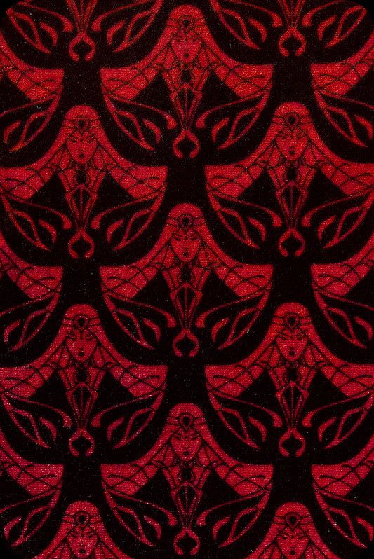 A red logo print velvet Carmilla mini dress by Scorpio Rising