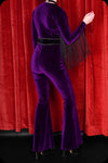 An amethyst velvet studded fringed Alucarda bell bottom jumpsuit by Scorpio Rising