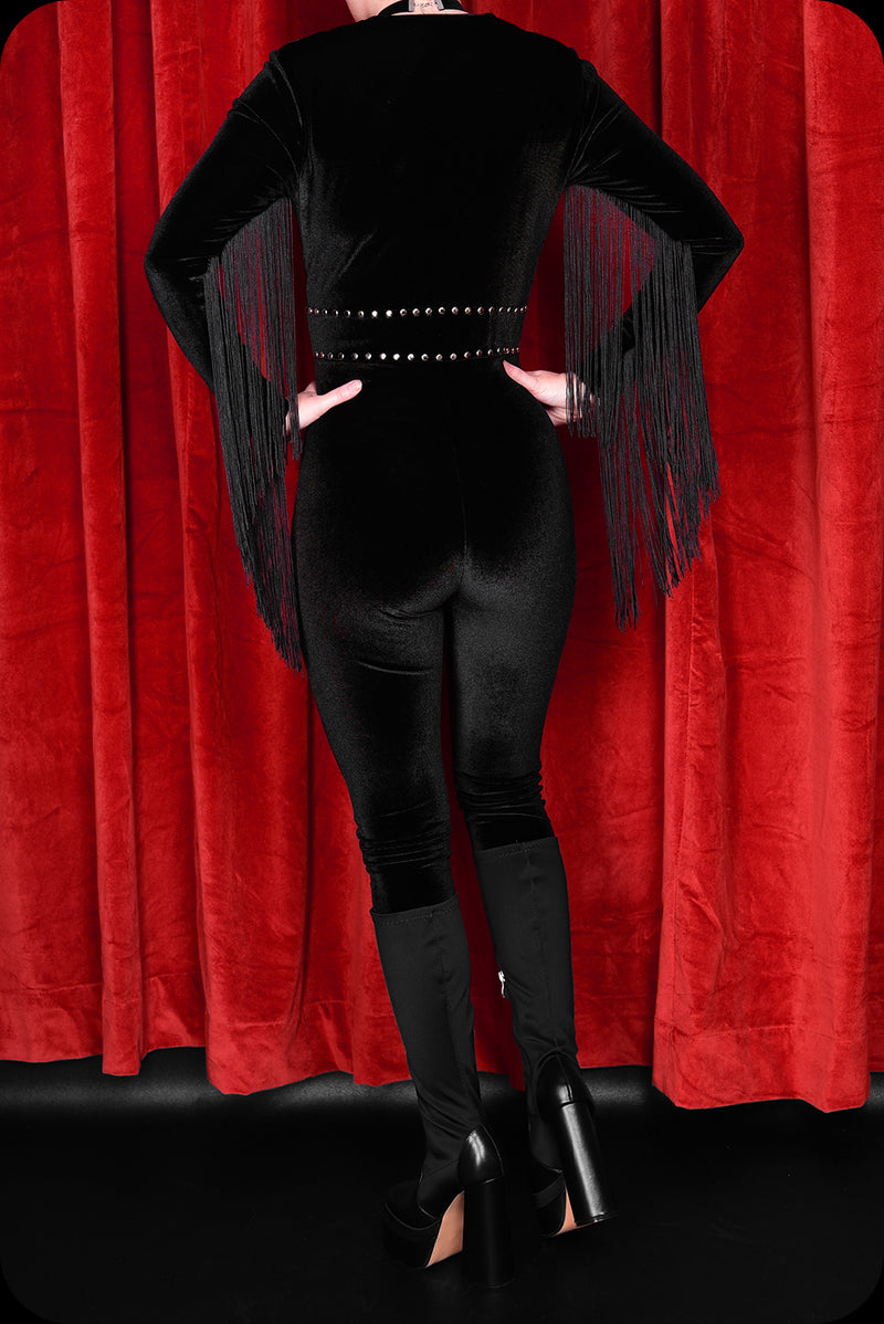 An ebony velvet studded fringed Alucarda skinny leg jumpsuit by Scorpio Rising