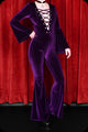 An amethyst velvet lace up Sabbath bell bottom jumpsuit by Scorpio Rising