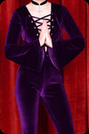 An amethyst velvet lace up Sabbath bell bottom jumpsuit by Scorpio Rising