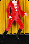 A crimson velvet lace up Sabbath skinny leg jumpsuit by Scorpio Rising