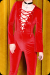 A crimson velvet lace up Sabbath skinny leg jumpsuit by Scorpio Rising