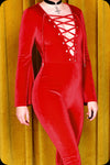 A crimson velvet lace up Sabbath skinny leg jumpsuit by Scorpio Rising