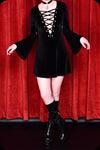 An ebony velvet lace up Sabbath mini dress by Scorpio Rising