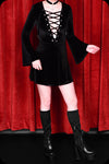 An ebony velvet lace up Sabbath mini dress by Scorpio Rising