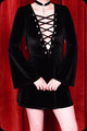 An ebony velvet lace up Sabbath mini dress by Scorpio Rising