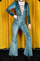 A green leopard print velvet lace up Sabbath bell bottom jumpsuit by Scorpio Rising