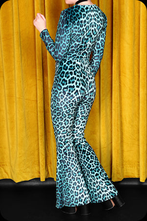 A green leopard print velvet lace up Sabbath bell bottom jumpsuit by Scorpio Rising