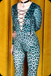 A green leopard print velvet lace up Sabbath bell bottom jumpsuit by Scorpio Rising