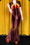 A cocoa brown velvet stripe Rollergirl bell bottom jumpsuit by Scorpio Rising