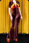 A cocoa brown velvet stripe Rollergirl bell bottom jumpsuit by Scorpio Rising