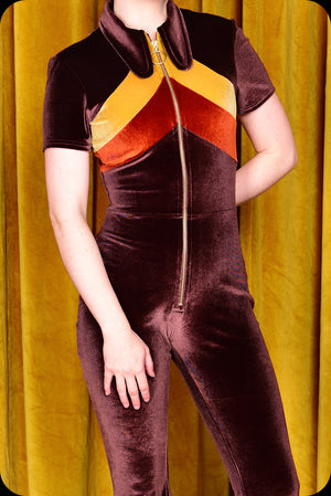 A cocoa brown velvet stripe Rollergirl bell bottom jumpsuit by Scorpio Rising