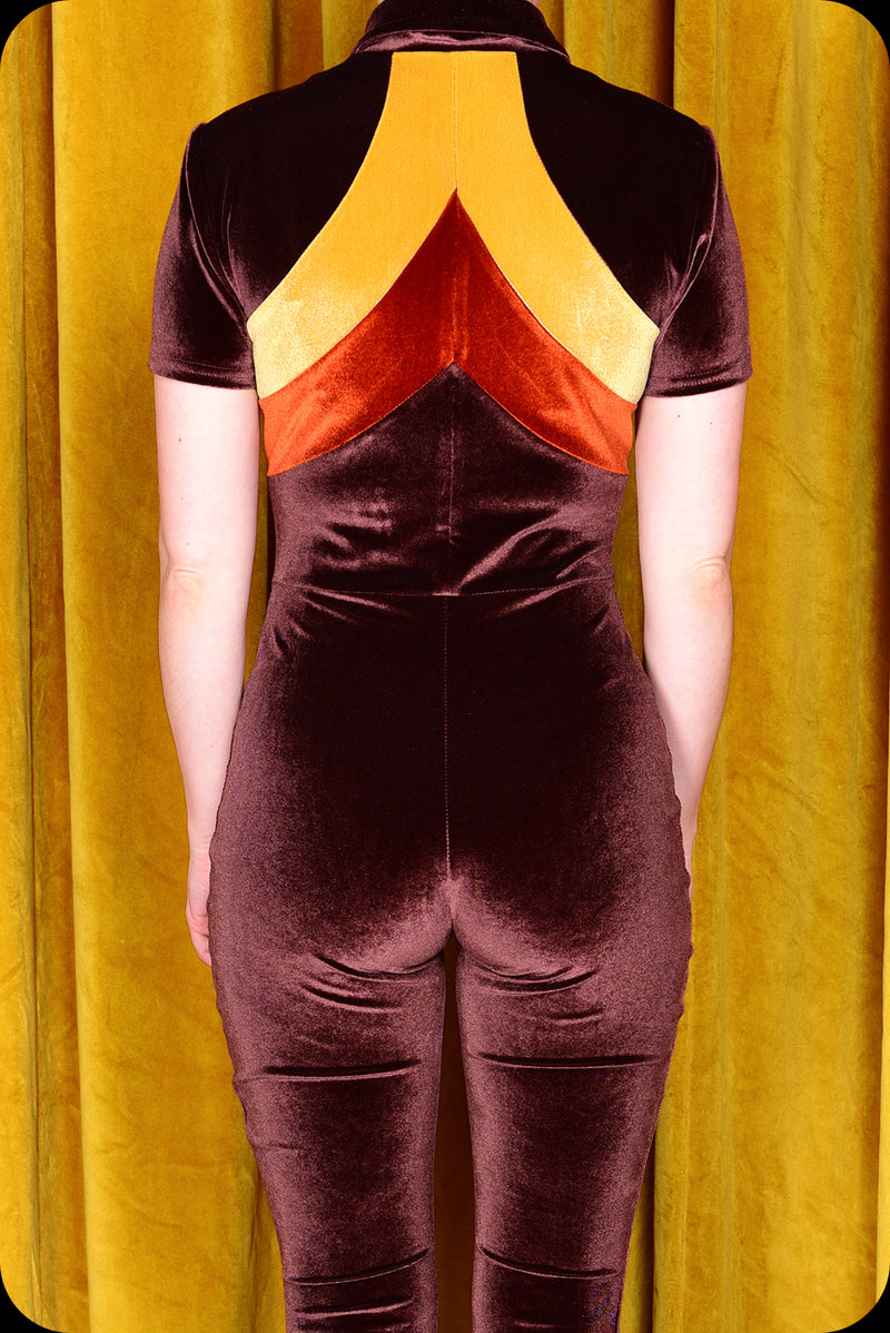 A cocoa brown velvet stripe Rollergirl bell bottom jumpsuit by Scorpio Rising