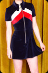 A midnight blue velvet stripe Rollergirl mini dress by Scorpio Rising