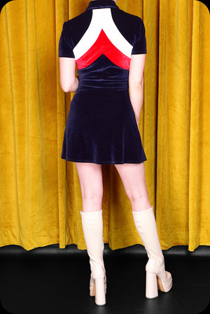 A midnight blue velvet stripe Rollergirl mini dress by Scorpio Rising