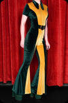 An emerald and gold two tone velvet Solaris bell bottom jumpsuit by Scorpio Rising