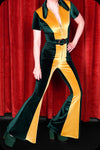 An emerald and gold two tone velvet Solaris bell bottom jumpsuit by Scorpio Rising