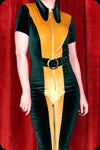An emerald and gold two tone velvet Solaris bell bottom jumpsuit by Scorpio Rising