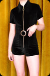 An ebony velvet Solaris playsuit by Scorpio Rising