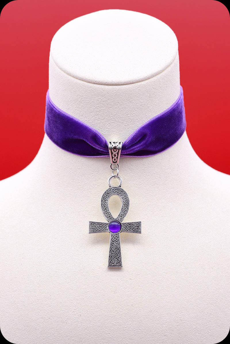 A purple velvet antique silver ankh choker necklace by Scorpio Rising