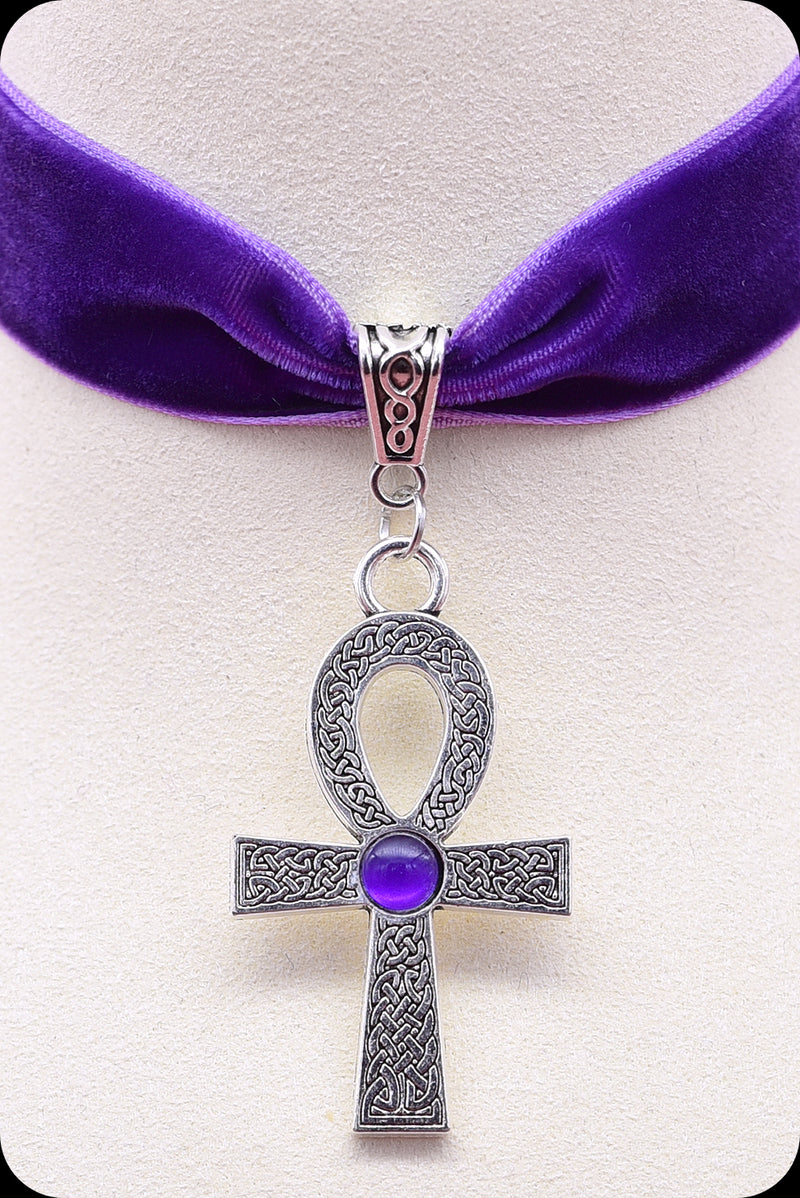 A purple velvet antique silver ankh choker necklace by Scorpio Rising
