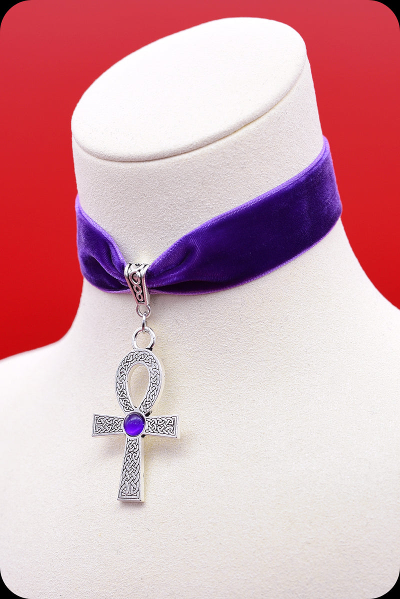 A purple velvet antique silver ankh choker necklace by Scorpio Rising
