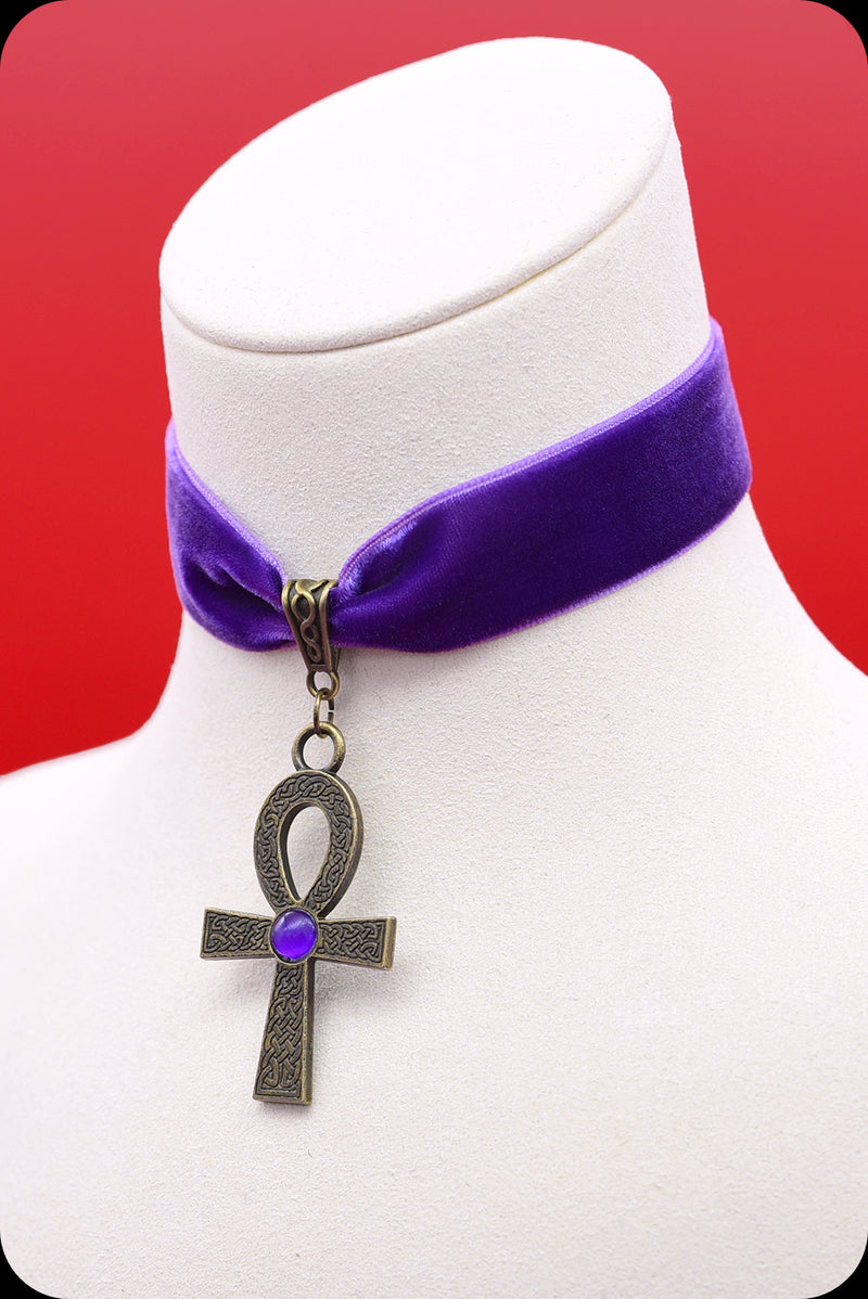 A purple velvet antique brass ankh choker necklace by Scorpio Rising