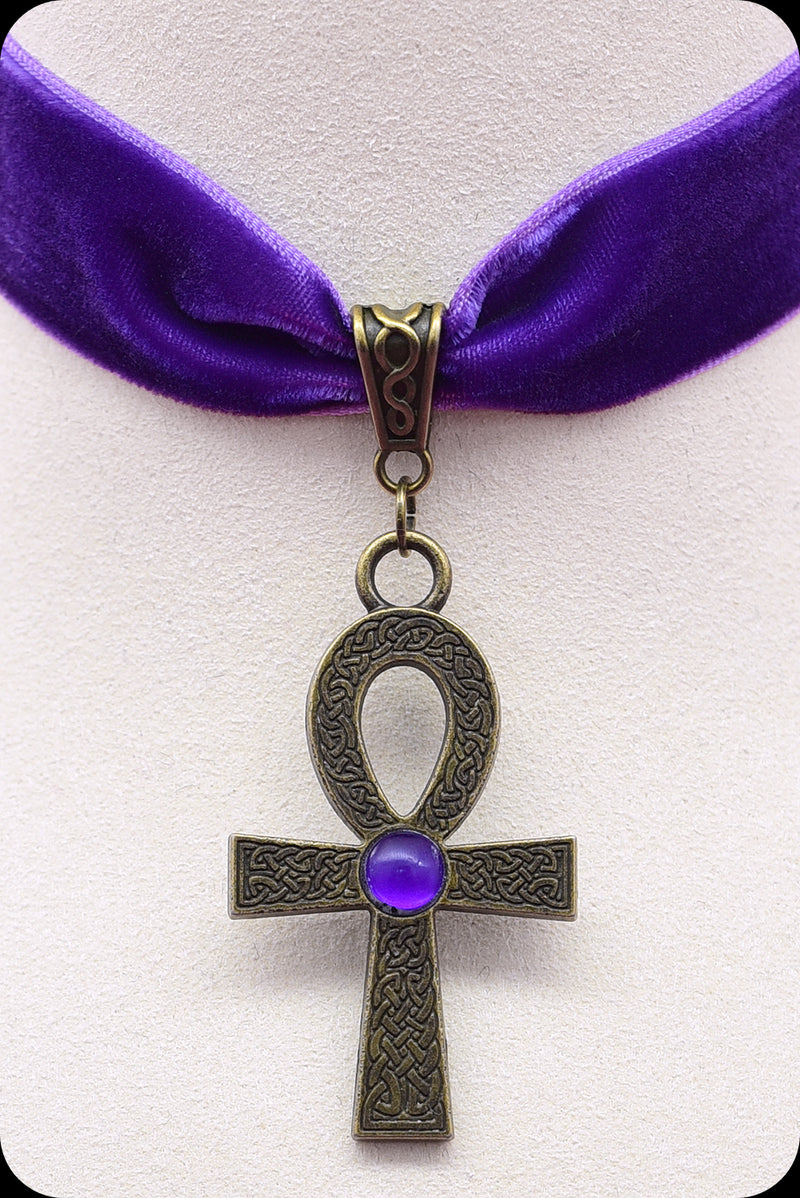 A purple velvet antique brass ankh choker necklace by Scorpio Rising