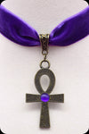 A purple velvet antique brass ankh choker necklace by Scorpio Rising