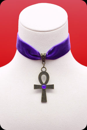 A purple velvet antique brass ankh choker necklace by Scorpio Rising