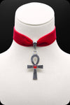 A red velvet antique silver ankh choker necklace by Scorpio Rising