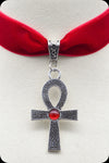 ANKH Antique Silver Red Velvet Choker Necklace