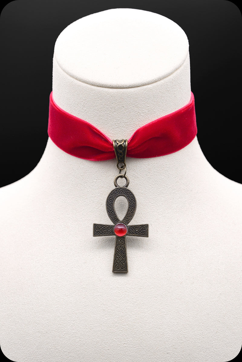 A red velvet antique brass ankh choker necklace by Scorpio Rising