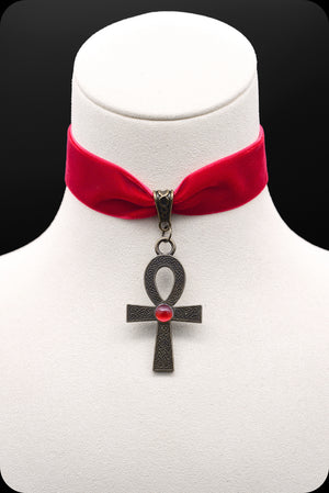 A red velvet antique brass ankh choker necklace by Scorpio Rising