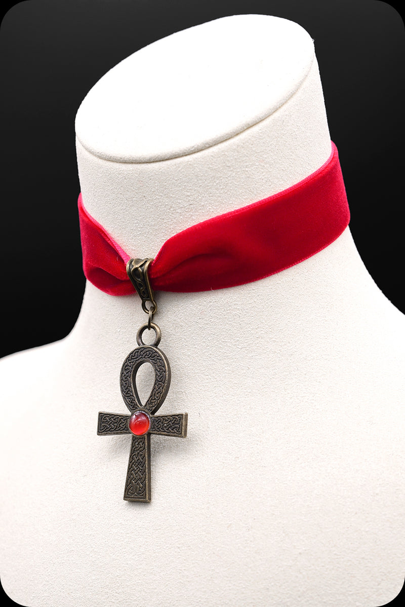 A red velvet antique brass ankh choker necklace by Scorpio Rising