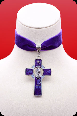 A purple velvet silver cross choker necklace by Scorpio Rising